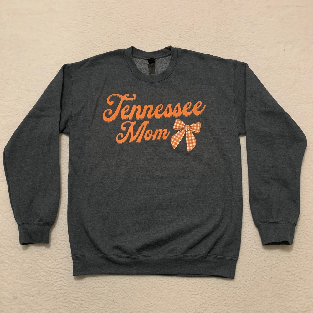 Tennessee Mom Sweatshirt Womens Medium Crewneck Gingham Bow Pullover Gray